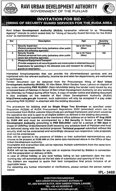 Ravi Urban Development Authority Lahore Tender Notice